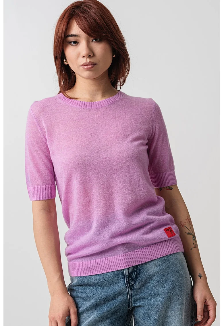 Tricou din amestec de lyocell si lana cu mansete striate, Roz fandango