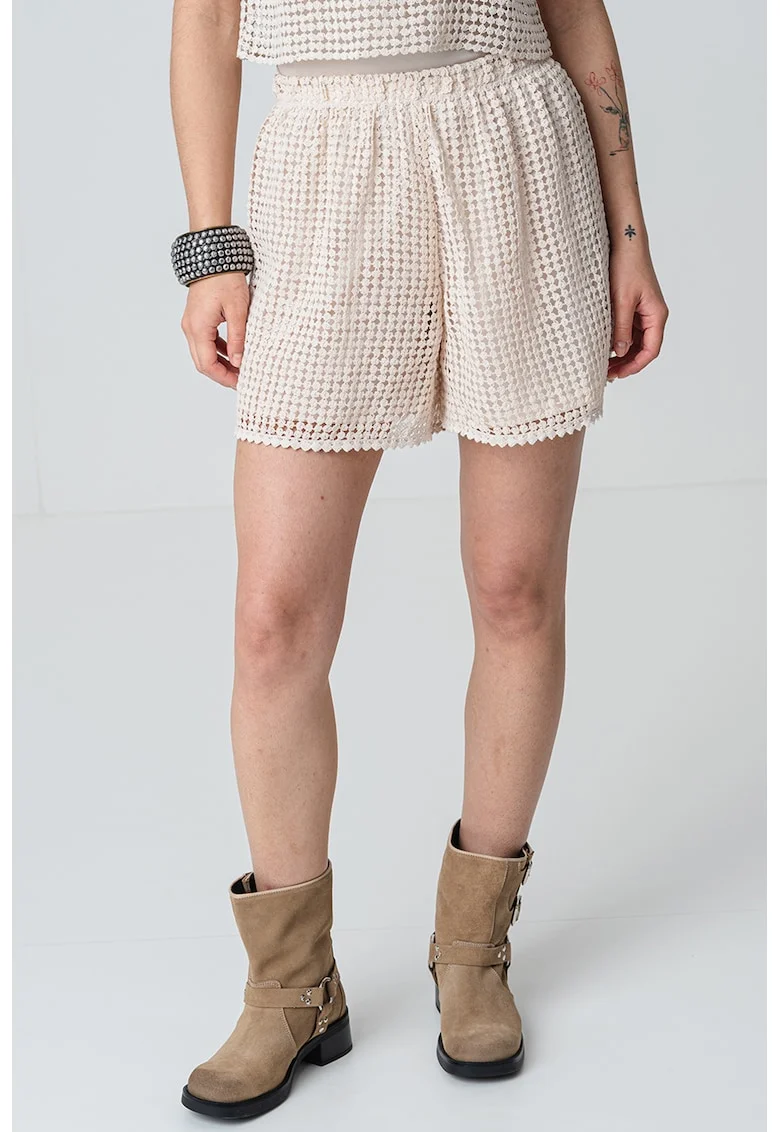 Pantaloni scurti crosetati cu talie medie, Bej deschis