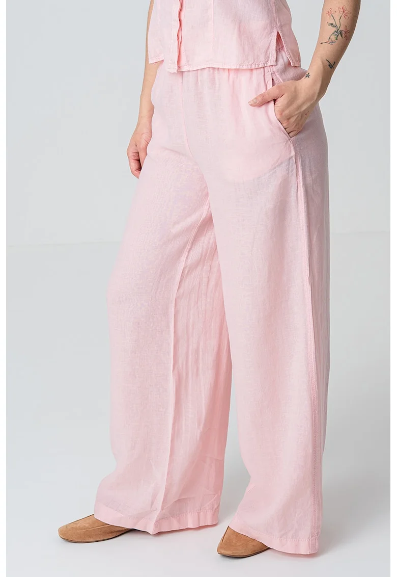 Pantaloni de in cu croiala ampla si talie elastica, Roz deschis