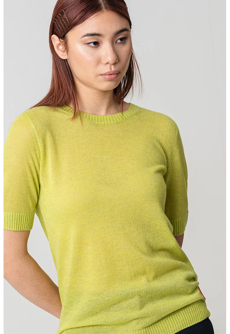 Tricou din amestec de lyocell si lana cu mansete striate, Verde lime