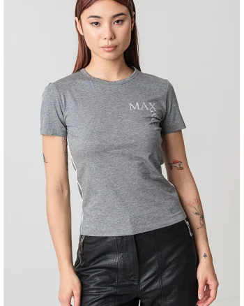 Tricou cu decolteu rotund si imprimeu logo, Gri