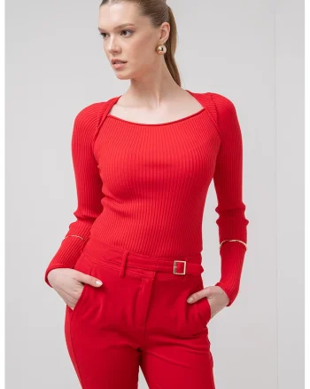 Pulover slim fit cu striatii si decolteu rotund Debutto, Rosu vermillion