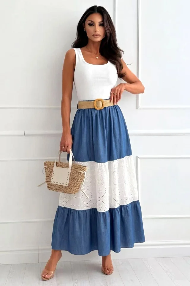 Fusta lunga in clos YNNA, cu broderie englezeasca si curea, BLUE, Marime S/M/L