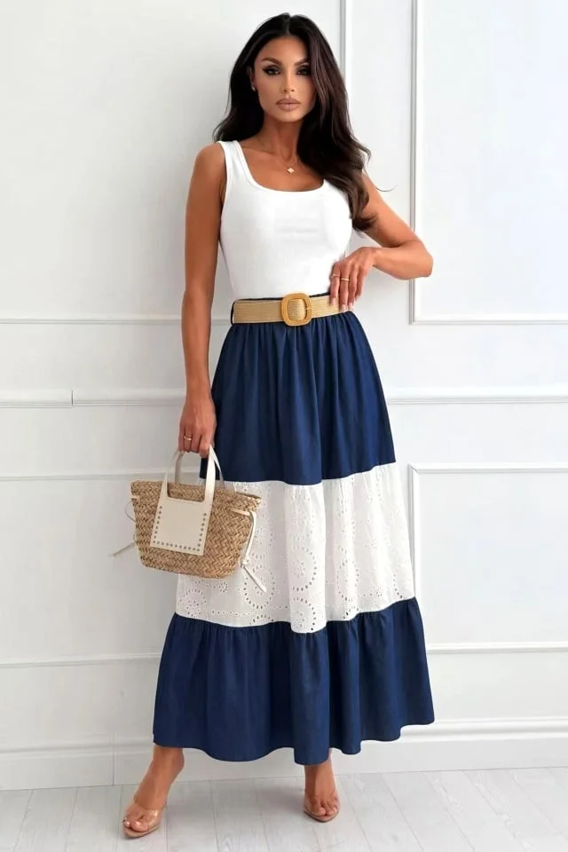 Fusta lunga in clos YNNA, cu broderie englezeasca si curea, Bleumarin, Marime S/M/L
