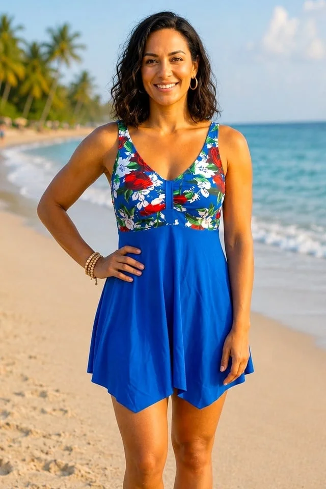 Rochie asimetrica de plaja ELARIS, cu bretele reglabile, Marimi Mari - Batal, Floral Blue