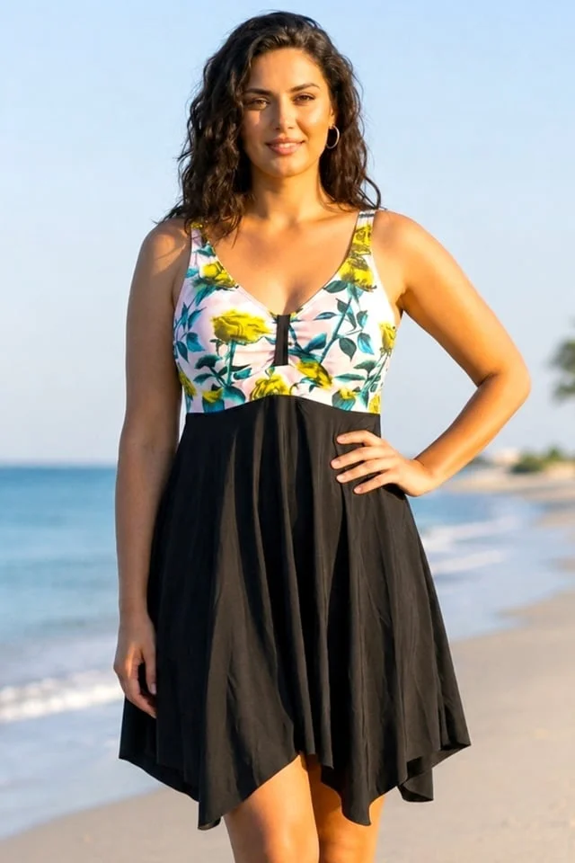 Rochie asimetrica de plaja ELARIS, cu bretele reglabile, Marimi Mari - Batal, Yellow Roses