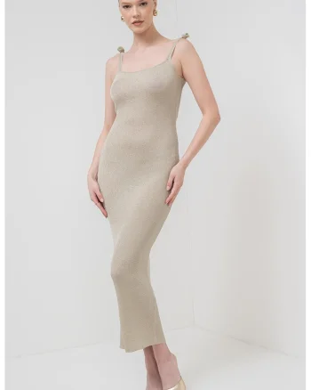 Rochie maxi cambrata cu aspect striat Porto, Auriu/Kaki