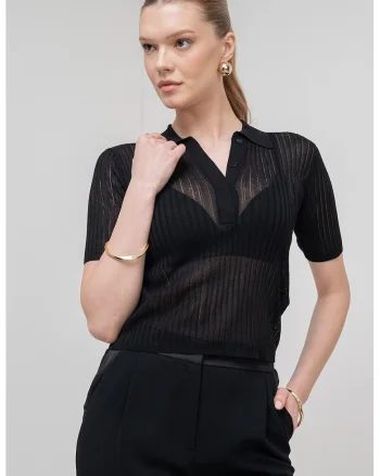 Tricou polo semitransparent cu model striat Torbole, Negru