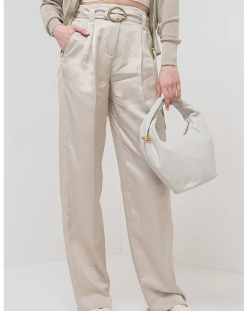 Pantaloni drepti din amestec de in, Bej deschis