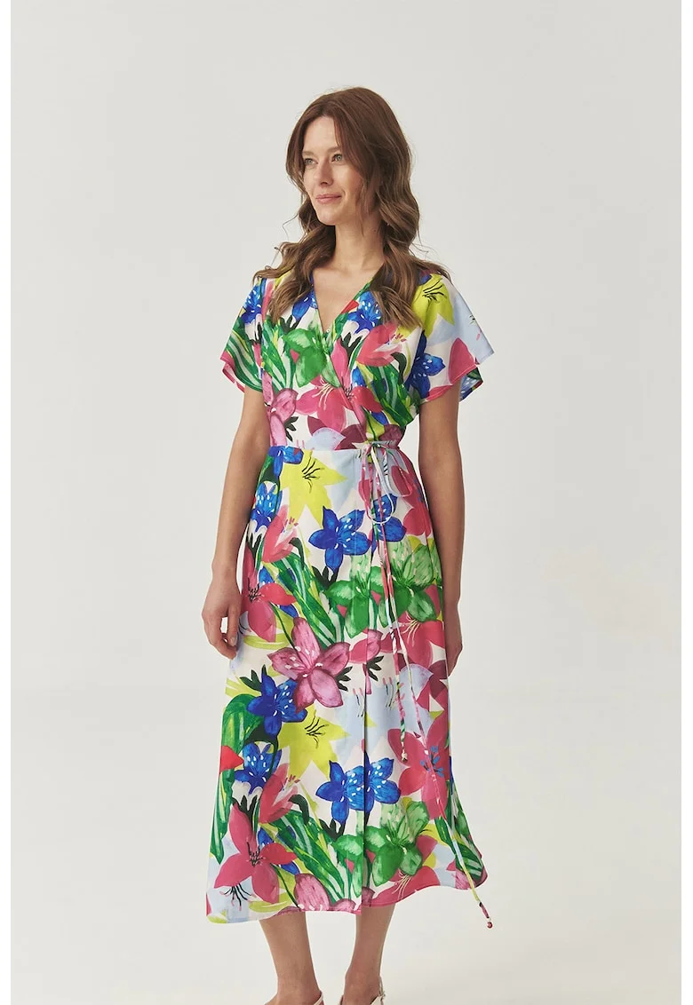 Rochie petrecuta cu imprimeu floral, Albastru inchis/Alb optic/Verde aquamarin