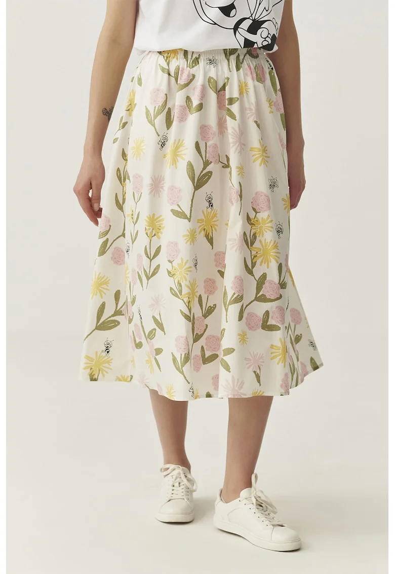 Fusta evazata cu model floral si talie elastica, Galben pal/Alb murdar/Verde feriga
