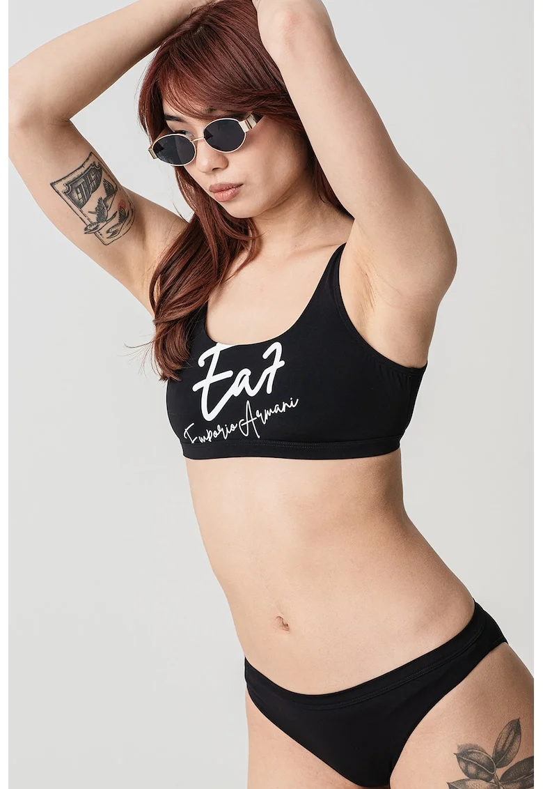 Costum de baie in doua piese cu imprimeu logo, Negru