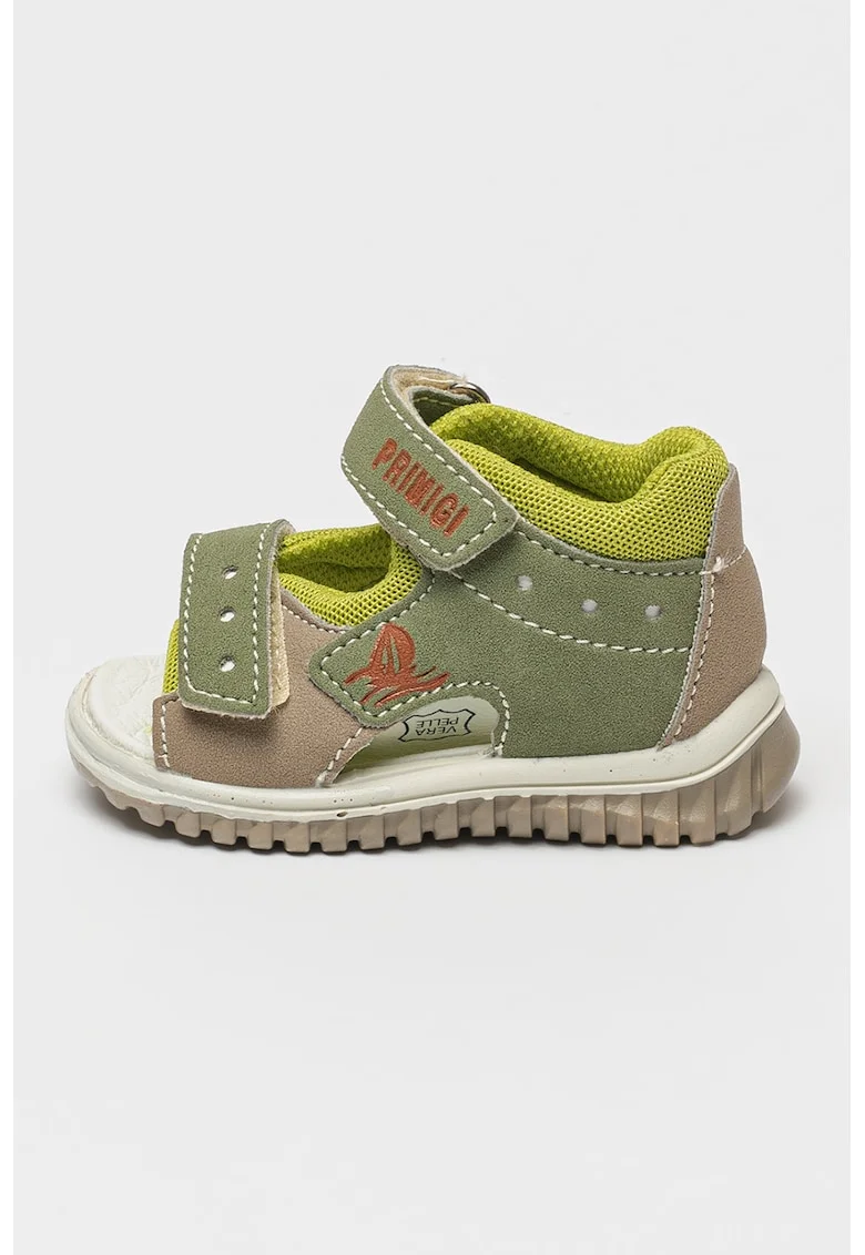 Sandale din piele intoarsa ecologica cu velcro, Gri/Verde pal