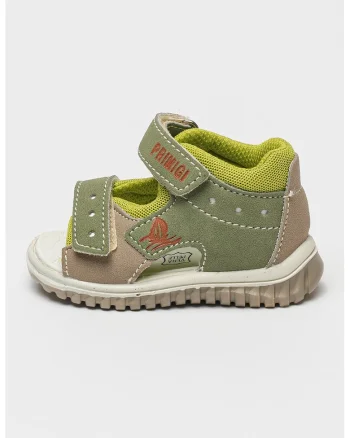 Sandale din piele intoarsa ecologica cu velcro, Gri/Verde pal