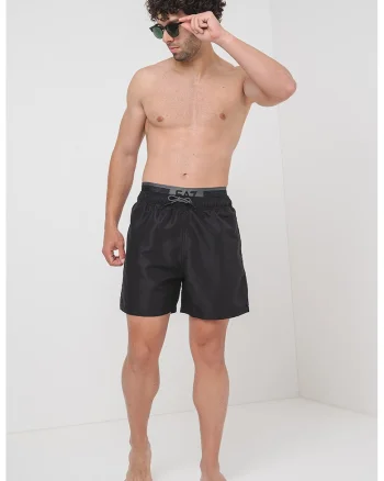 Pantaloni scurti de baie cu banda dubla in talie, Negru