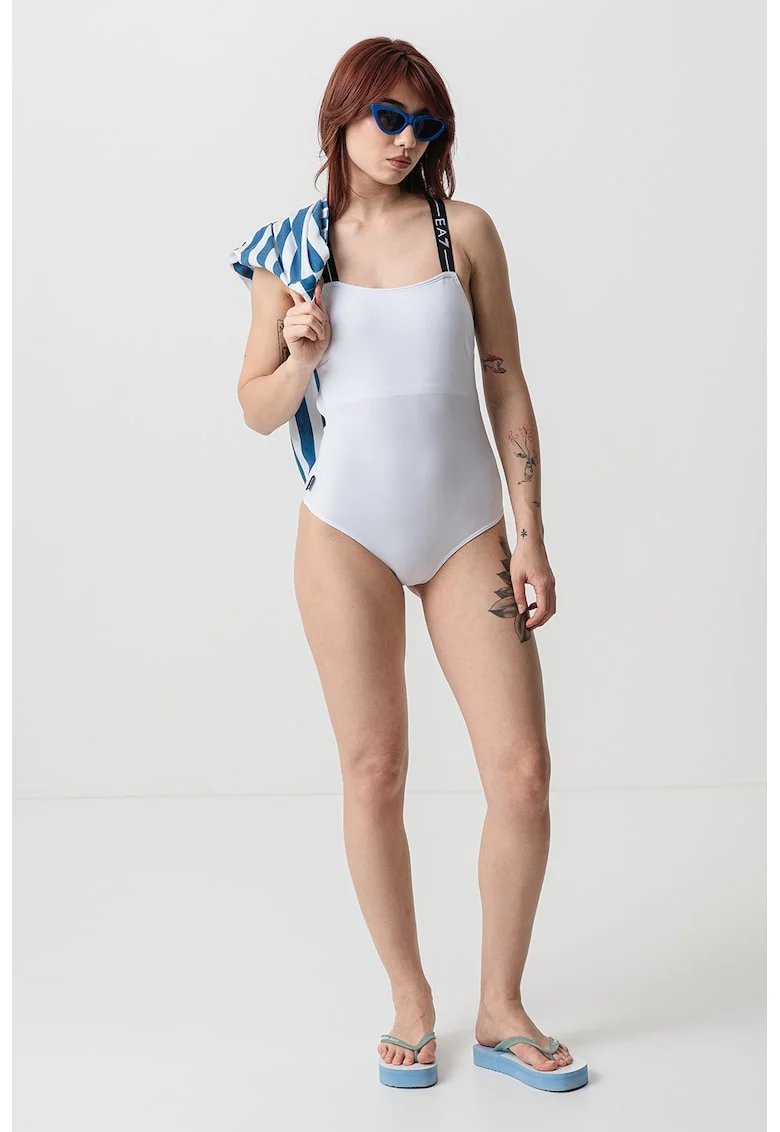 Costum de baie intreg cu bretele incrucisate, Alb optic/Bleumarin