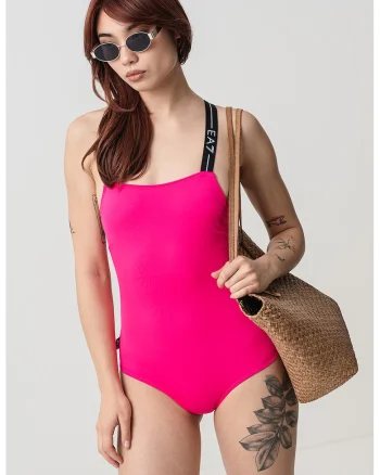 Costum de baie intreg cu bretele incrucisate, Roz