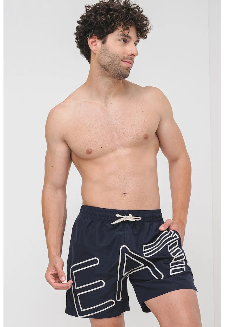 Pantaloni scurti de baie cu logo supradimensionat, Bleumarin
