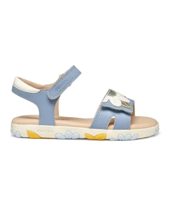 Sandale de piele ecologica cu imprimeu, Alb/Albastru pastel