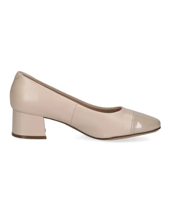 Pantofi de piele si piele ecologica cu toc masiv, Bej