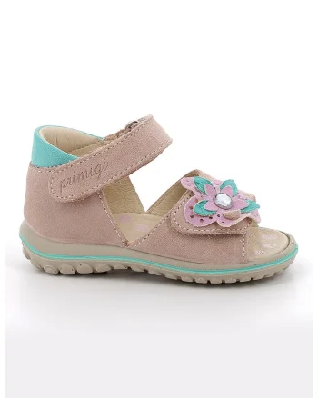 Sandale din piele intoarsa cu inchidere velcro si aplicatie cu model floral