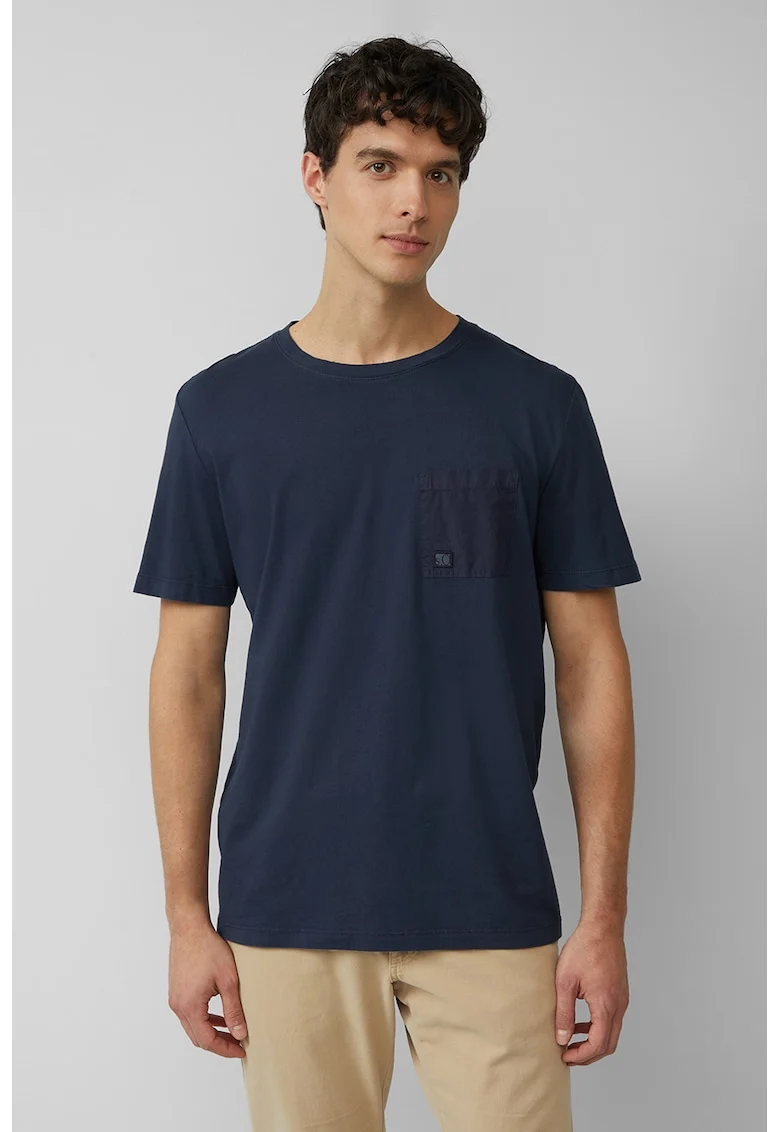 Tricou de bumbac cu decolteu la baza gatului, Bleumarin