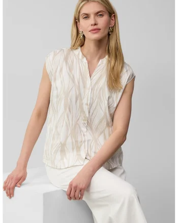 Bluza-tunica fara maneci cu model, Alb/Bej