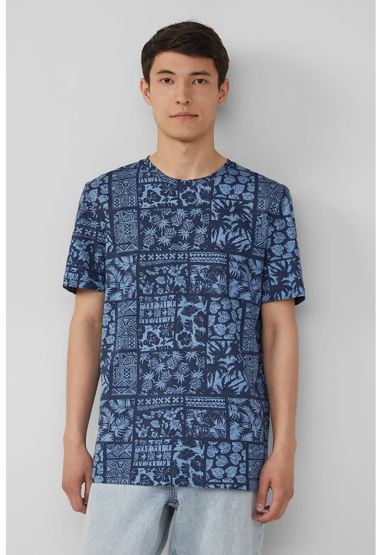 Tricou cu decolteu la baza gatului si model, Albastru inchis/Albastru deschis