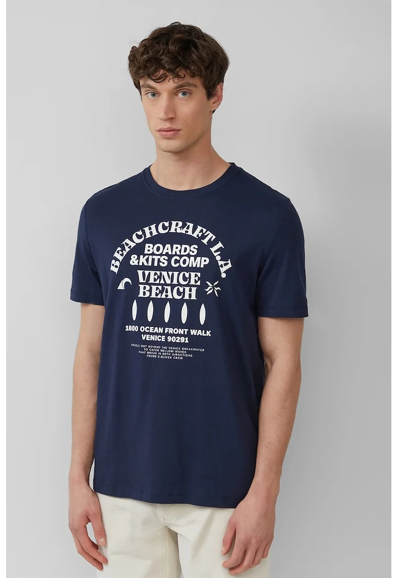 Tricou cu decolteu la baza gatului si imprimeu text, Alb/Albastru indigo