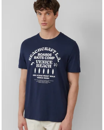 Tricou cu decolteu la baza gatului si imprimeu text, Alb/Albastru indigo
