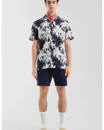 Camasa din amestec de bumbac cu model tropical, Alb/Negru