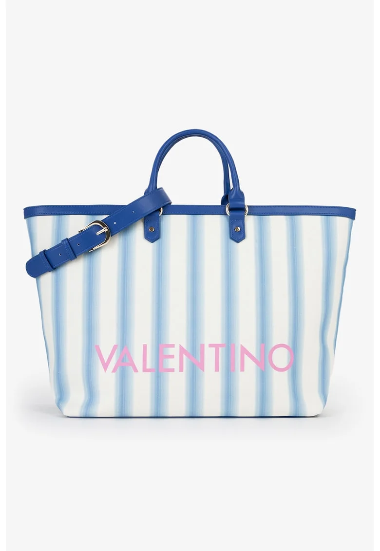 Geanta shopper din piele ecologica cu model floral, Alb/Albastru deschis