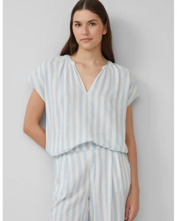 Bluza-tunica din amestec de in, Albastru glaciar/Alb murdar