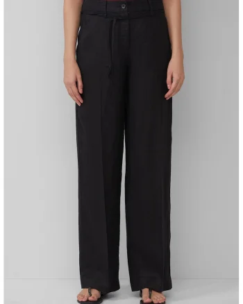 Pantaloni din in cu talie inalta, Negru