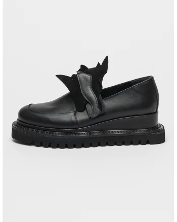 Pantofi loafer din piele cu talpa wedge si detalii din piele intoarsa, Negru