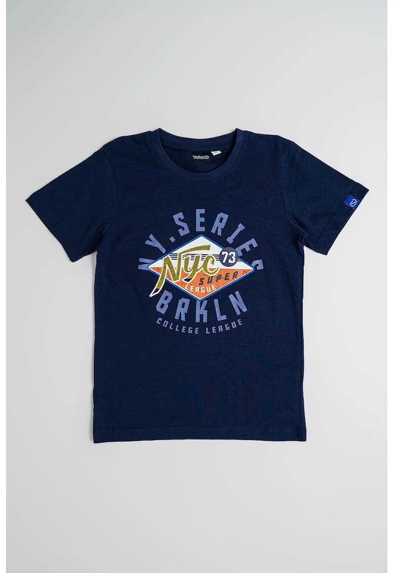 Tricou cu decolteu la baza gatului si imprimeu, Galben/Bleumarin