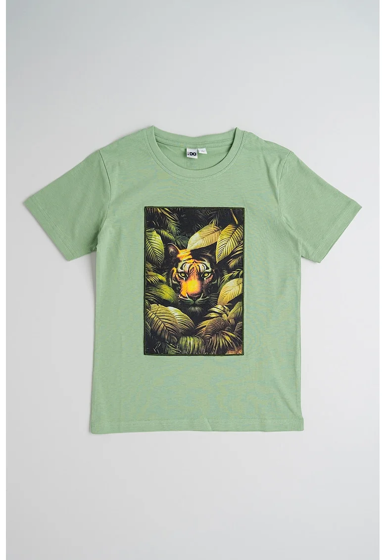 Tricou din bumbac cu decolteu la baza gatului si imprimeu grafic, Portocaliu/Verde deschis