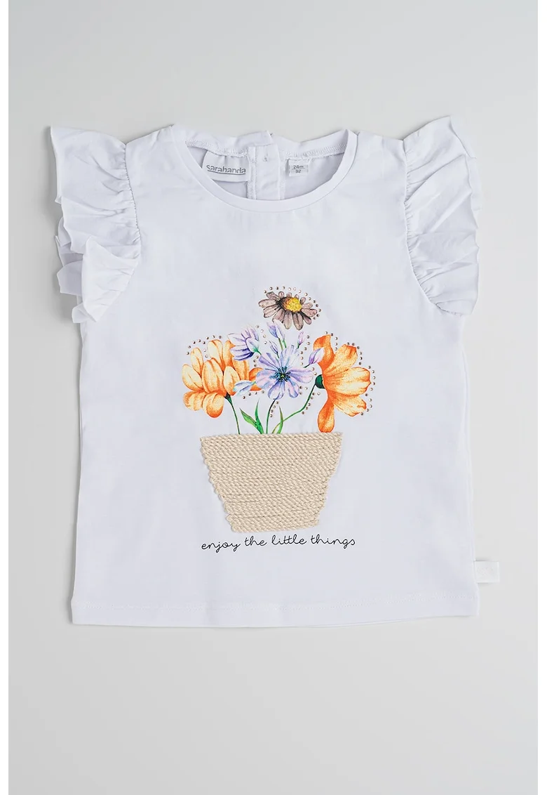 Tricou cu model floral, Alb/Portocaliu/Violet deschis