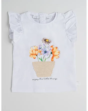 Tricou cu model floral, Alb/Portocaliu/Violet deschis