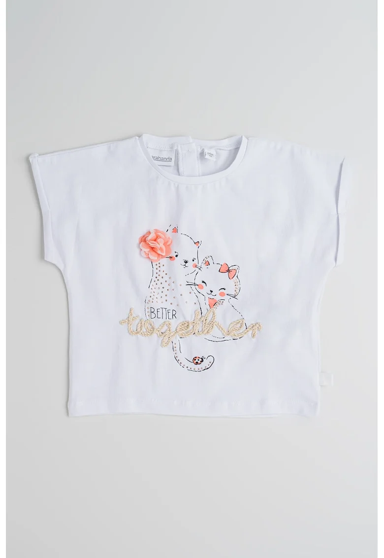 Tricou din amestec de bumbac cu model cu pisici, Alb/Roz neon