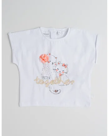 Tricou din amestec de bumbac cu model cu pisici, Alb/Roz neon