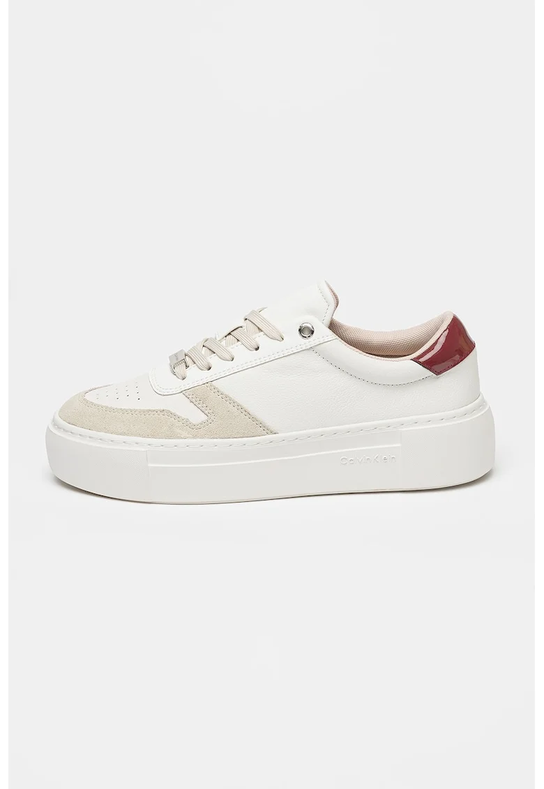Pantofi sport cu sireturi si insertii din piele intoarsa Ff Cupsole, Alb/Gri deschis/Violet pruna