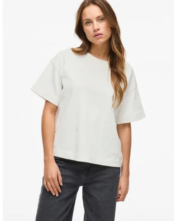 Tricou cu decolteu rotund si flori brodate, Alb optic
