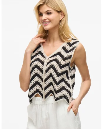 Bluza cu decolteu in V si decupaje, Negru/Bej deschis