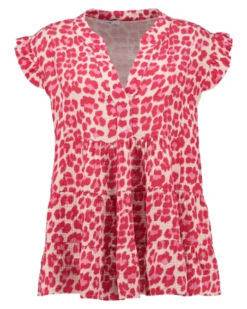 Bluza cu imprimeu si terminatie cu volane, Fucsia/Crem