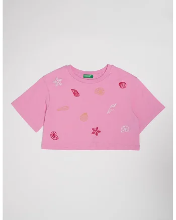 Tricou crop din bumbac, Rosu/Bej/Roz