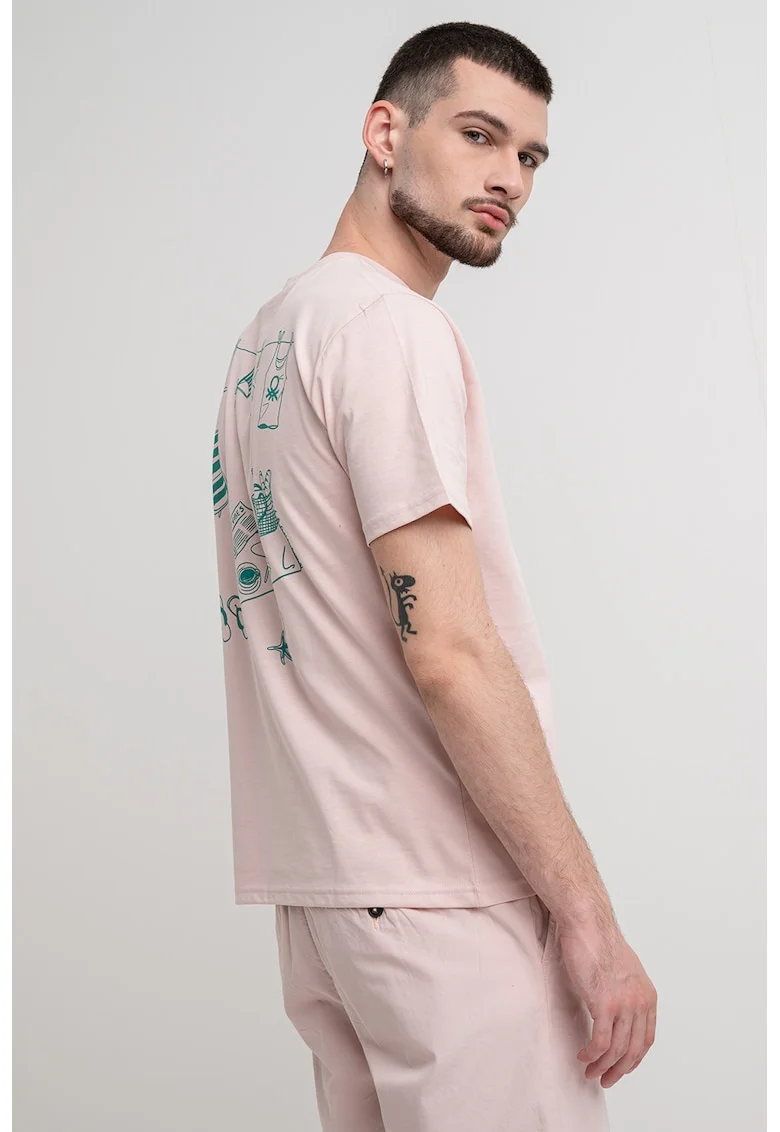Tricou cu decolteu la baza gatului si imprimeu, Verde/Roz pastel