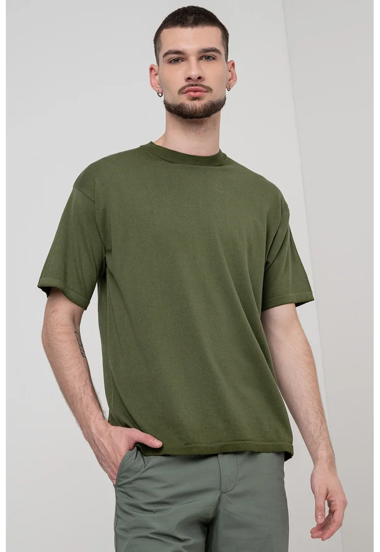 Tricou regular fit cu decolteu la baza gatului, Kaki inchis