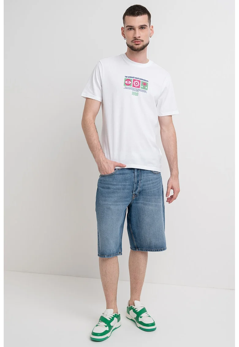 Tricou cu decolteu la baza gatului si imprimeu, Verde/Alb optic/Roz