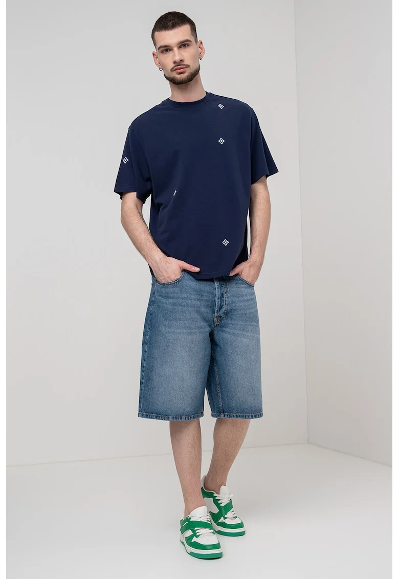 Tricou cu decolteu la baza gatului si imprimeu, Alb/Albastru inchis